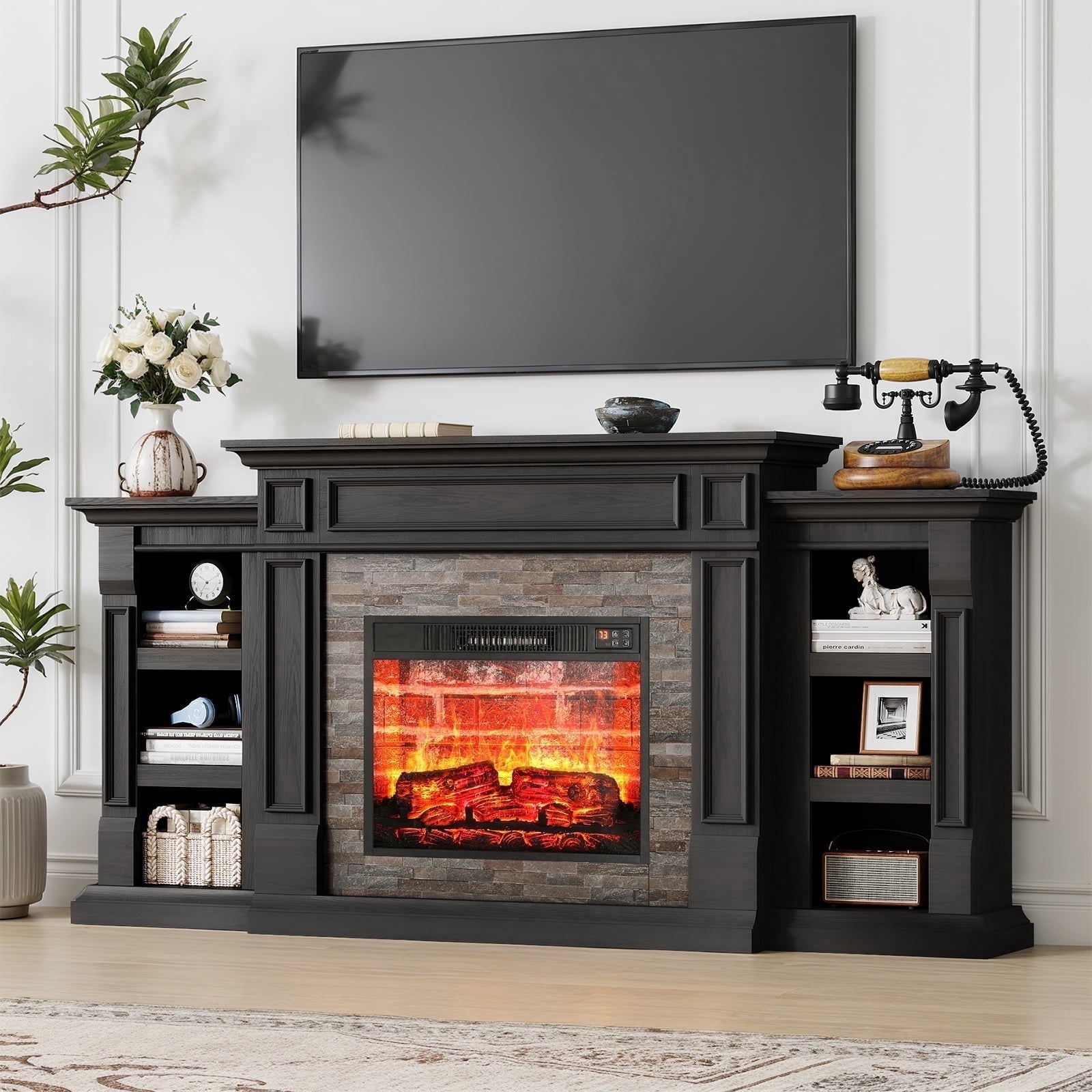 LGHM 72" Electric Fireplace TV Stand for 80 inch TV, Freestanding 23" Fireplace Heater with Mantel for Living Room, Bedroom, Red Brick, Black