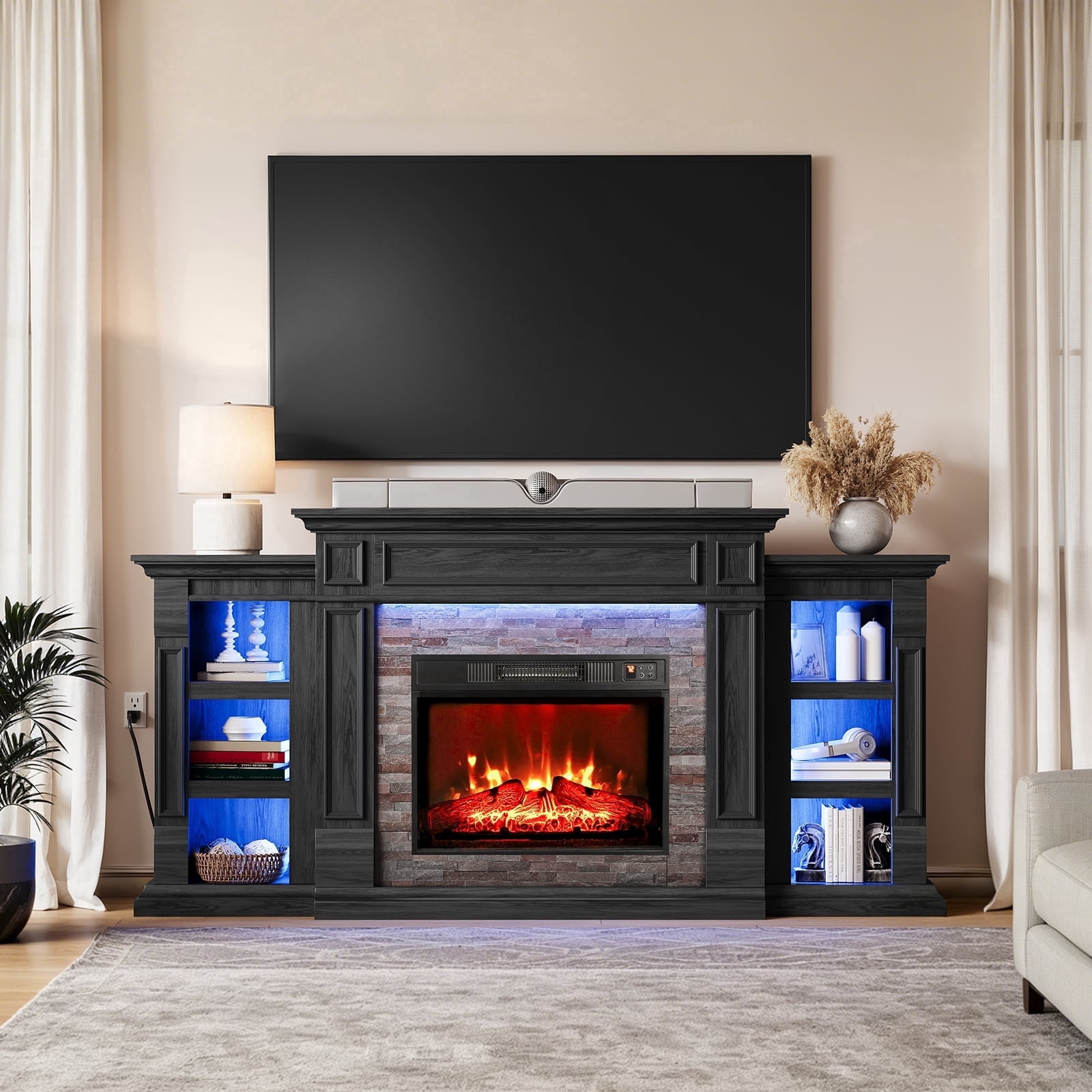 LGHM 72" Electric Fireplace TV Stand with Mantel, Farmhouse Entertainment Center for TVs up to 80" with LED Light, Black