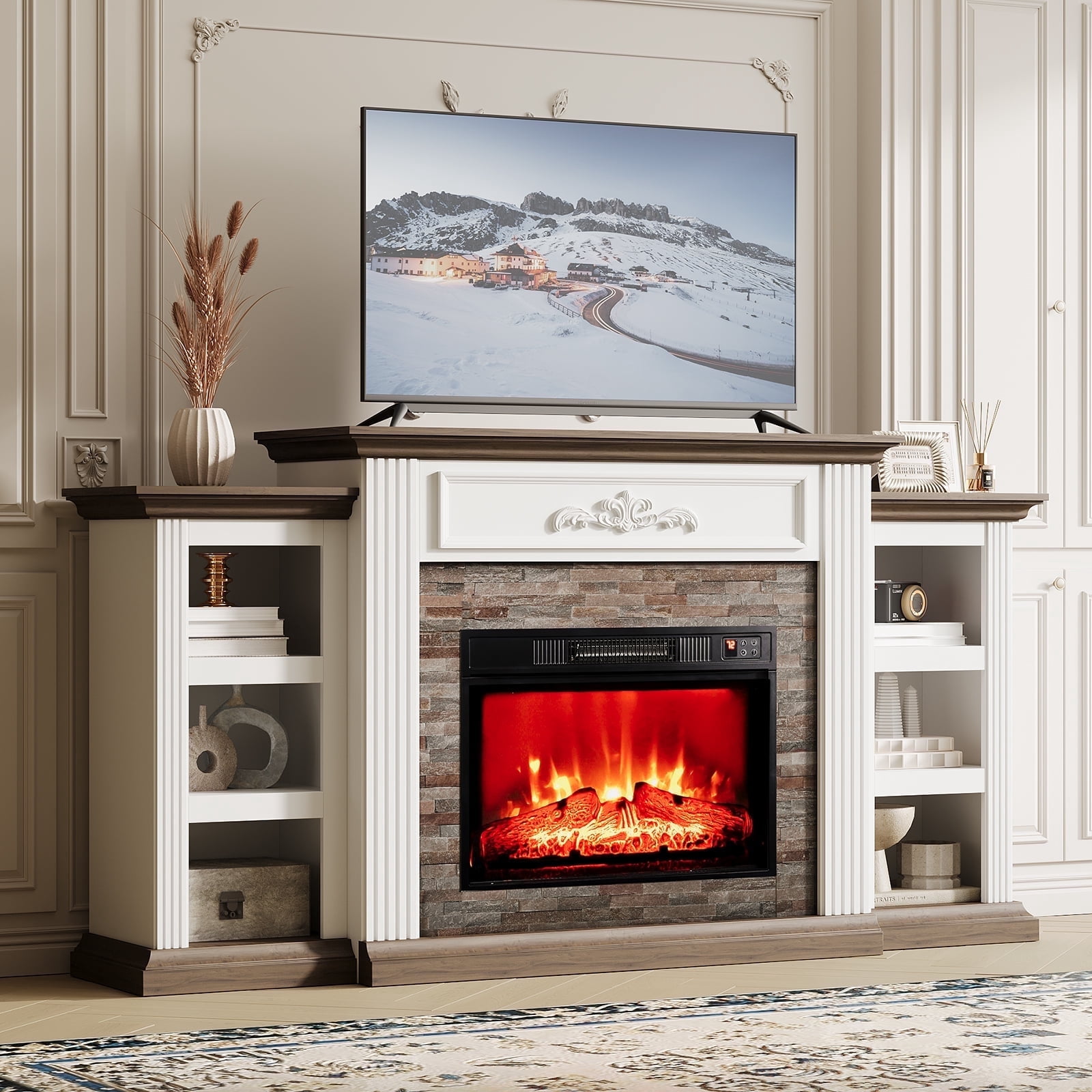 LGHM 72" Fireplace TV Stand for 75 inch 80 inch TV, Electric Fireplace ...