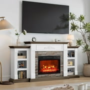LGHM 72" Fireplace TV Stand for 75 inch 80 inch TV, Electric Fireplace with Mantel, Farmhouse Entertainment Center with 23" Electric Fireplace, White Brown