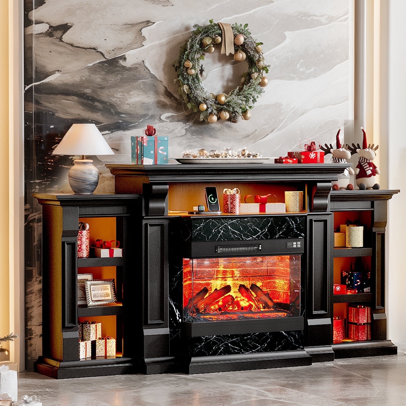 LGHM 72" Fireplace TV Stand with 3-Sided Glass Electric Fireplace & Charging Station & LED Lights for TVs up to 80", Black