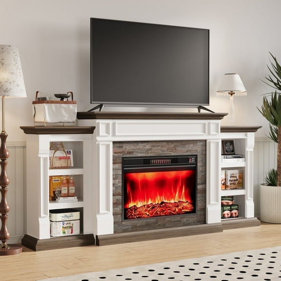 LGHM 80" Electric Fireplace TV Stand with Mantel, Farmhouse Entertainment Center for TVs up to 90" with Remote Control, White & Brown