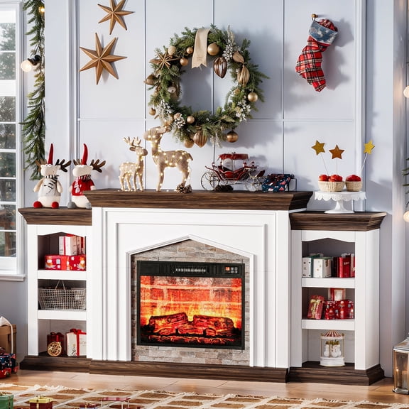 LGHM 80" Fireplace TV Stand with Storage & Bookshelves, Electric Fireplace with Mantel, Farmhouse Entertainment Center for TVs up to 90",  White & Brown