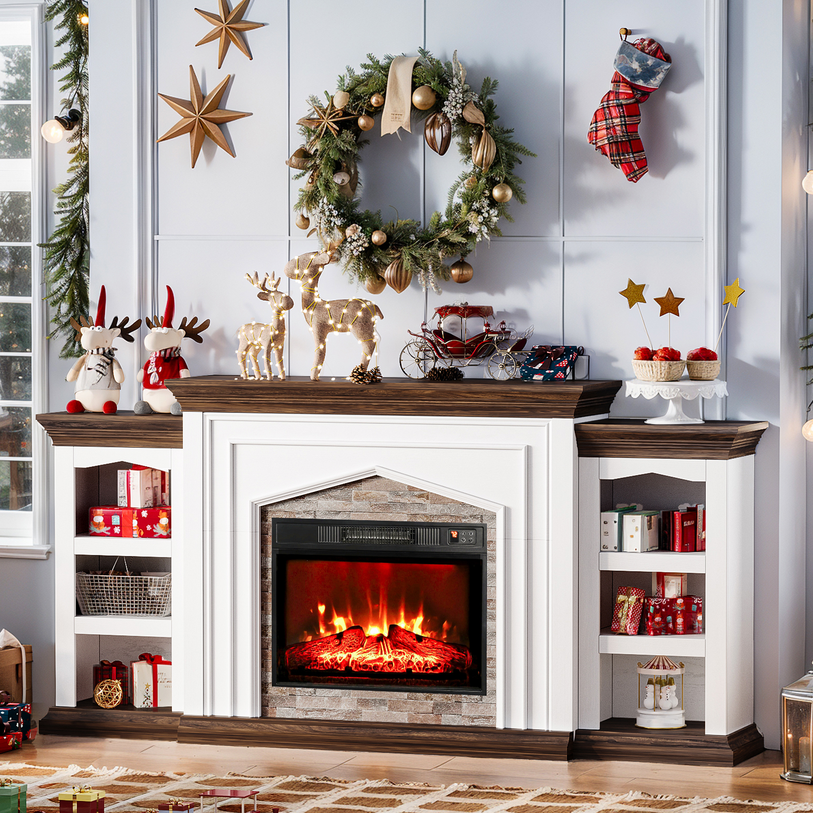 LGHM 80" Fireplace TV Stand with Storage & Bookshelves, Electric Fireplace with Mantel, Farmhouse Entertainment Center for TVs up to 90" with Remote Control, White & Brown