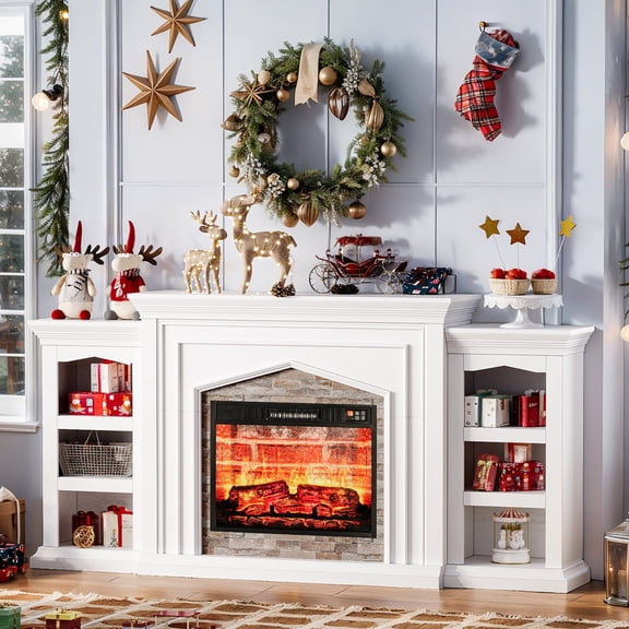 LGHM 80" Fireplace TV Stand with Storage & Bookshelves, Electric Fireplace with Mantel, Farmhouse Entertainment Center for TVs up to 90", White
