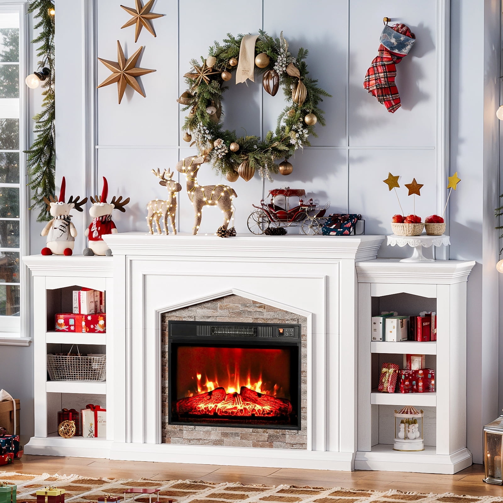 LGHM 80" Fireplace TV Stand with Storage & Bookshelves, Electric Fireplace with Mantel, Farmhouse Entertainment Center for TVs up to 90", White