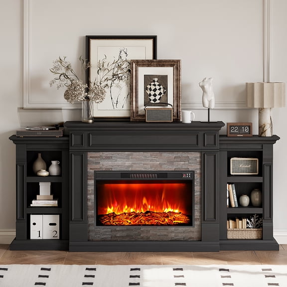 LGHM 80" TV Stand with 30" Electric Fireplace, Fireplace with Mantel, Farmhouse Entertainment Center for TVs up to 90", Black
