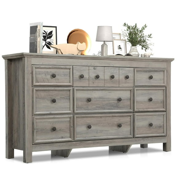 LGHM 9 Drawer Dresser for Bedroom, Wood Dresser TV Stand, Farmhouse Long Chest of Drawers for Living Room, Hallway, Entryway, Gray