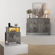 LGHM Bedroom Dresser and Nightstand Set, Fluted Wide Chest of Drawers, Bed Side Table End Table with LED Lights for Living Room, Gray