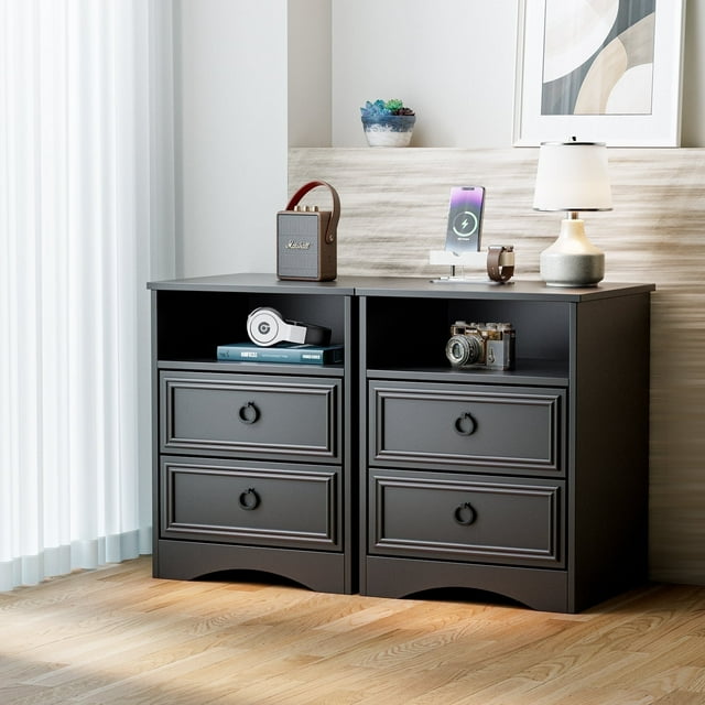 LGHM Black Nightstands Set of 2, Bedside Table with 2 Drawers for Bedroom, Living Room