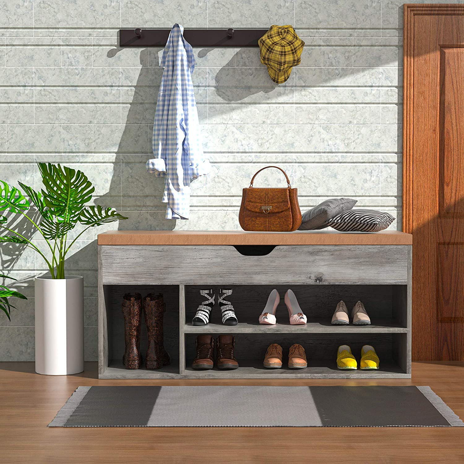 LGHM Entryway Bench, 2Tier Modern Wood Storage Bench Shoe Rack for