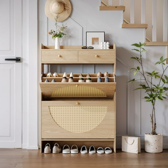 LGHM Entryway Shoe Cabinet, Wood Shoes Storage Organizer with 2 Flip Drawers, Oak