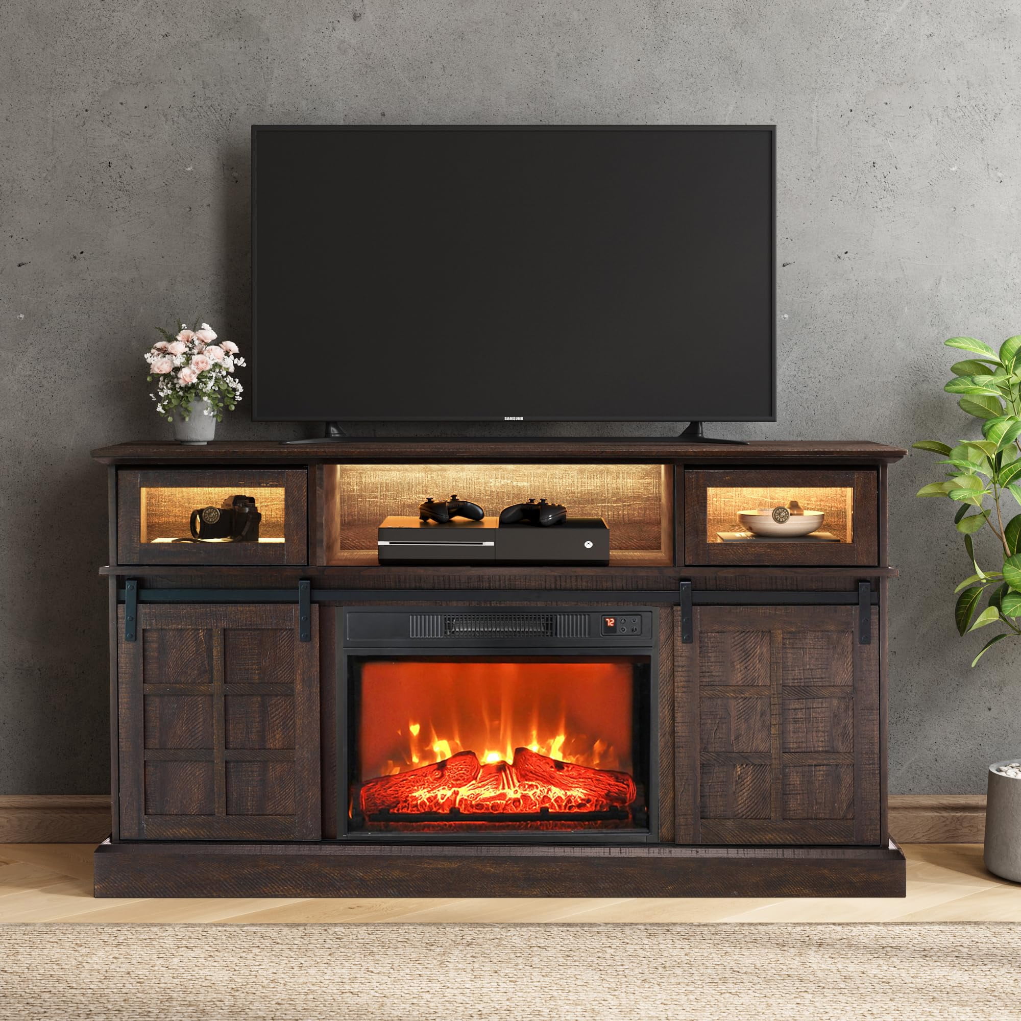 "LGHM Fireplace TV Stand, Electric 65"" LED, Storage Cabinet, Brown ...