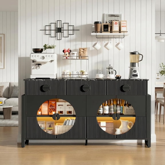 LGHM Fluted Buffet Cabinet, 62" Buffet Cabinet with Marble Top, Modern 3 Drawers Coffee Bar, Wine Bar Storage Cabinet with Adjustable Shelves and & 4 Doors for Kitchen, Living Room, Black