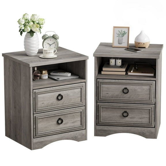 LGHM Gray Nightstands Set of 2, Bedside Table with 2 Drawers for Bedroom, Living Room