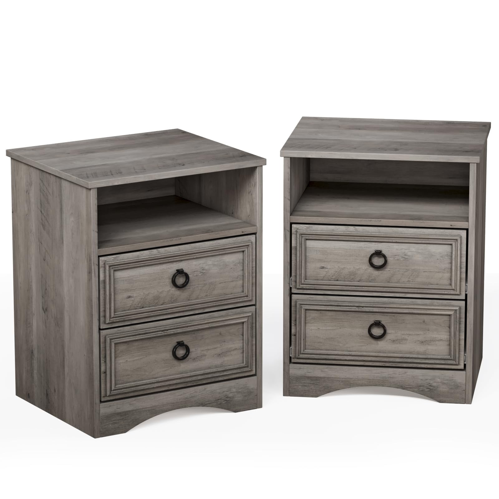 Gray Wash 2-Drawer Nightstand Set with Metal Handles
