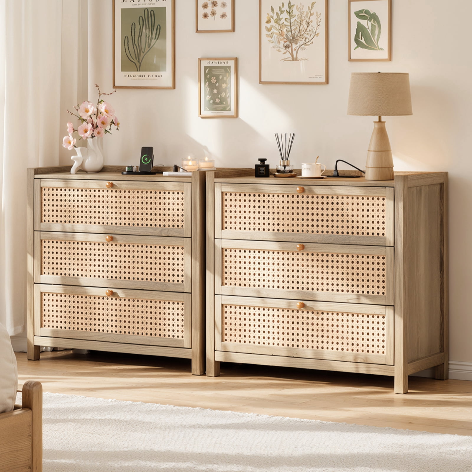 LGHM 29.5"W Nightstand Set of 2 with 3 Drawers & Charging Station, Dresser for Bedroom, Farmhouse Rattan Bedside Table Night Stands, Boho Side Tables, Oak