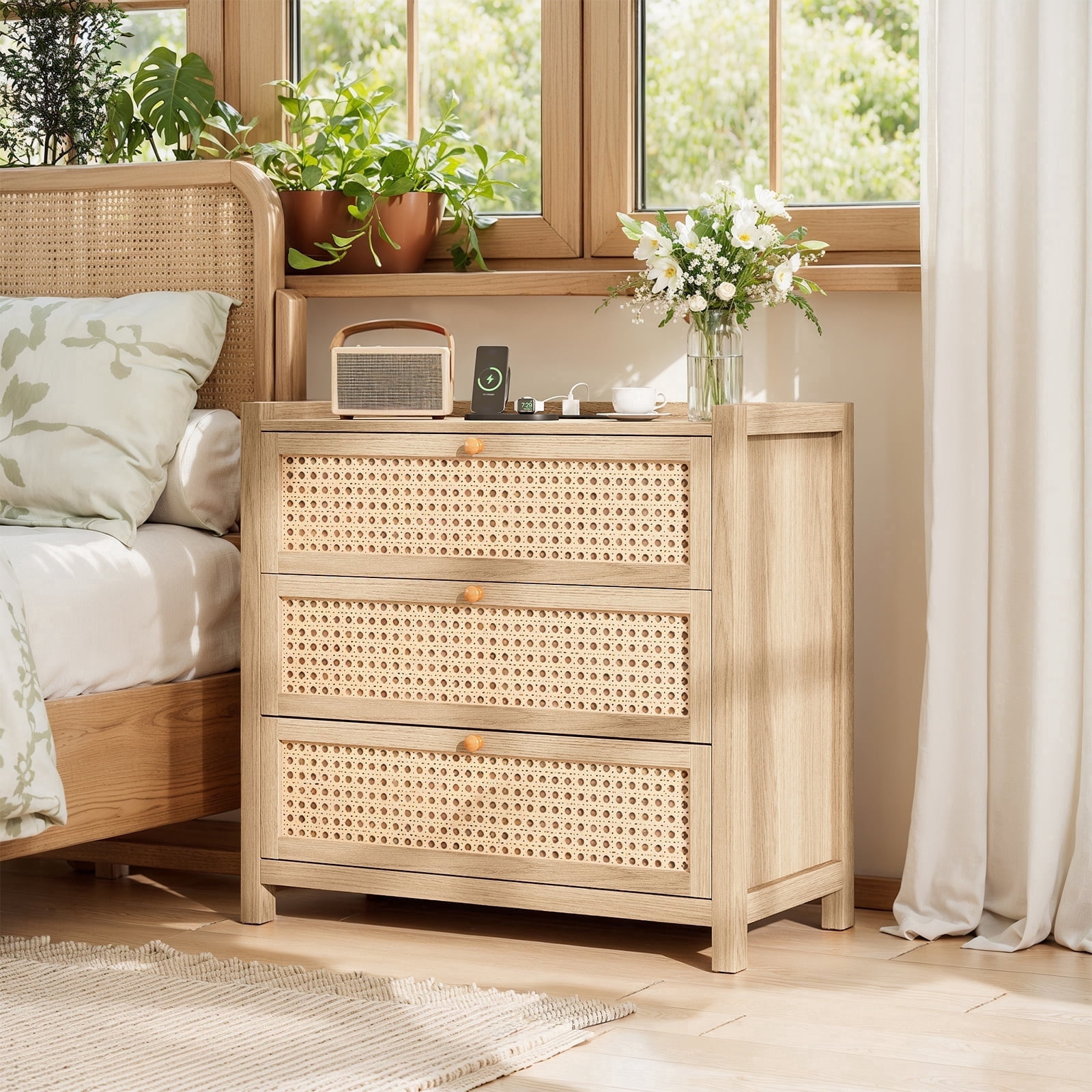 LGHM 29.5"W Nightstand with 3 Drawers & Charging Station, Dresser for Bedroom, Farmhouse Rattan Bedside Table Night Stands, Boho Side Tables, Oak