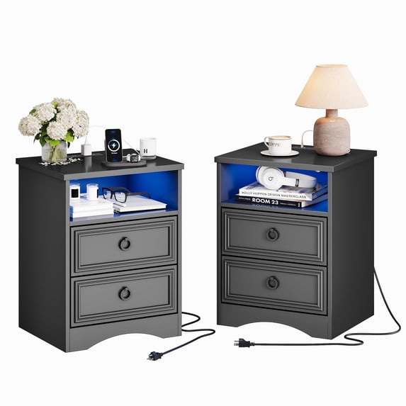 LGHM Nightstands Set of 2 with Charging Station & LED Light, Bedside Table with 2 Drawers for Bedroom, Living Room, Gray