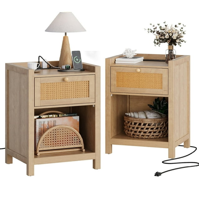 LGHM Boho Nightstand Set of 2 with Charging Station