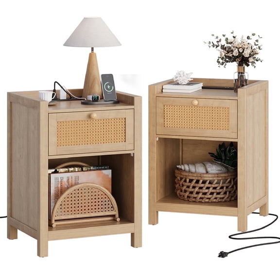 LGHM Nightstand Set of 2 with Charging Station, Farmhouse Bedside Tables Night Stands with Drawer, Boho Side Tables for Bedroom, Living Room, Oak