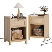 LGHM Nightstand Set of 2 with Charging Station, Farmhouse Bedside Tables Night Stands with Drawer, Boho Side Tables for Bedroom, Living Room, Oak