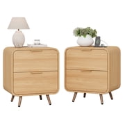 LGHM Set of 2 Nightstands with Charging Station, 2-Drawer Bedside Tables with USB & Type-C Ports, Mid-Century Modern End Tables for Bedroom, Natural Oak