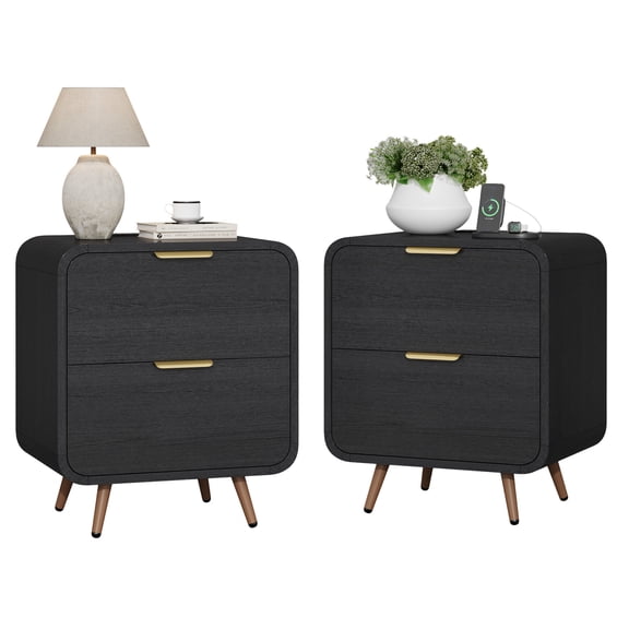 LGHM Set of 2 Nightstands with Charging Station, 2-Drawer Bedside Tables with USB & Type-C Ports, Mid-Century Modern End Tables for Bedroom, Black
