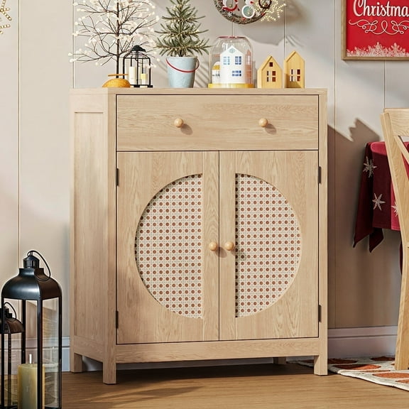 LGHM Rattan Sideboard Buffet Cabinet with Drawers, Coffee Bar Cabinet with Adjustable Shelf for Kitchen Dining Room Entryway Living Room, Natural Oak