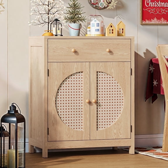 LGHM Rattan Sideboard Buffet Cabinet with Drawers, Coffee Bar Cabinet with Adjustable Shelf for Kitchen Dining Room Entryway Living Room, Natural Oak