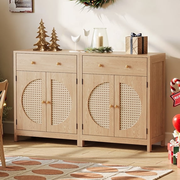 LGHM Rattan Sideboard Buffet Cabinet with Drawers, Coffee Bar Cabinets Set of 2, Accent Console Table with Adjustable Shelves for Kitchen Dining Room Entryway Living Room, Natural Oak