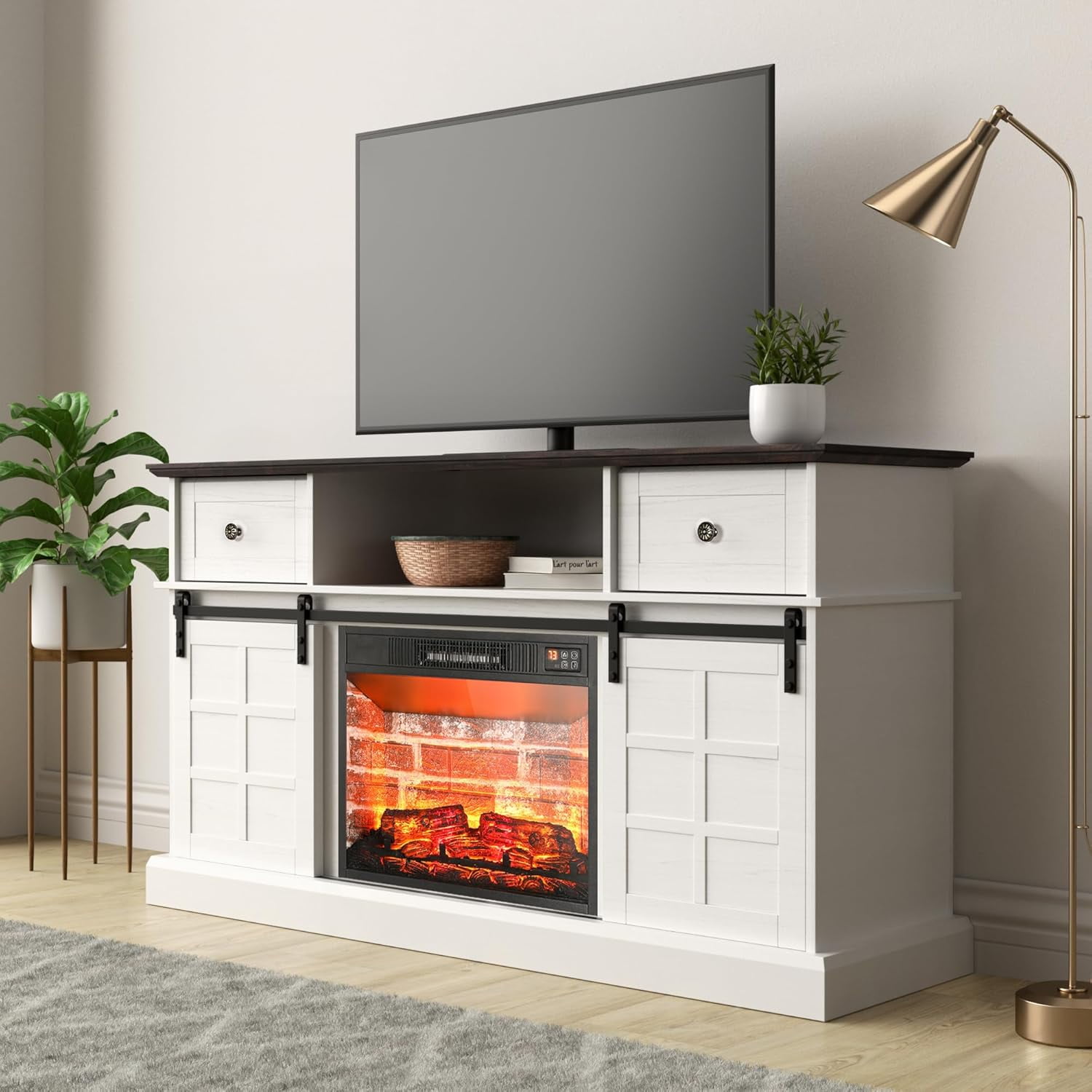 LGHM White Fireplace TV Stand for 65 inch TV, Entertainment Center with ...