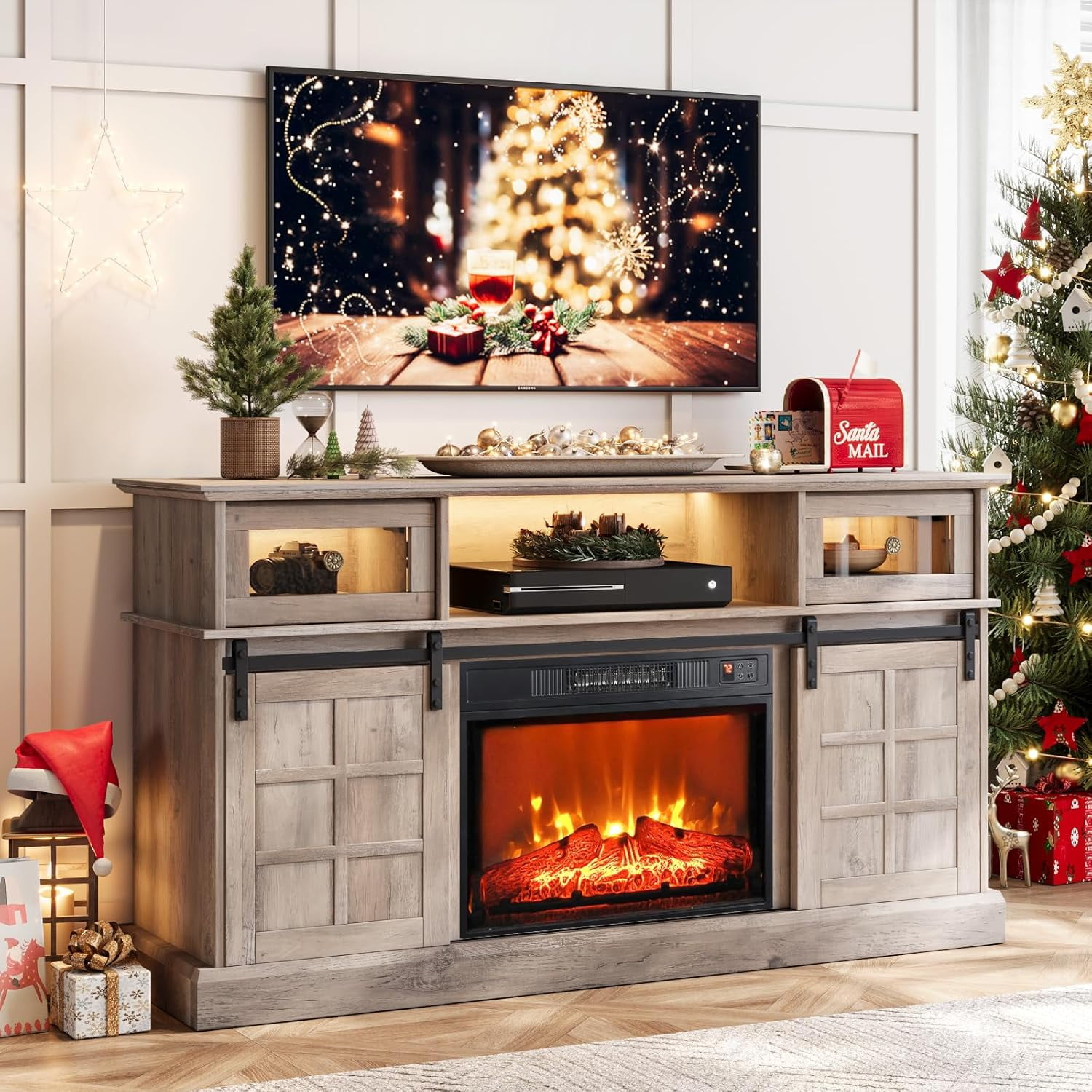 LGHM White Fireplace TV Stand for 65 inch TV, Entertainment Center with