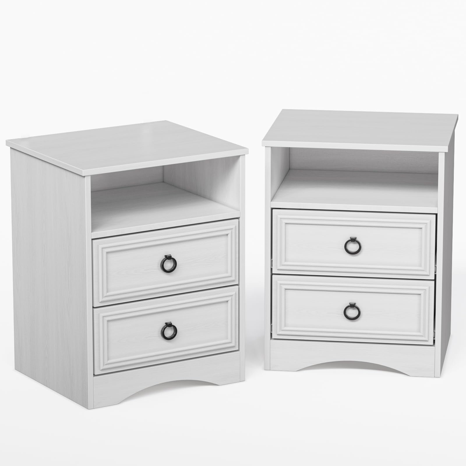 White Particle Board 2-Drawer Nightstand Set with Black Handles