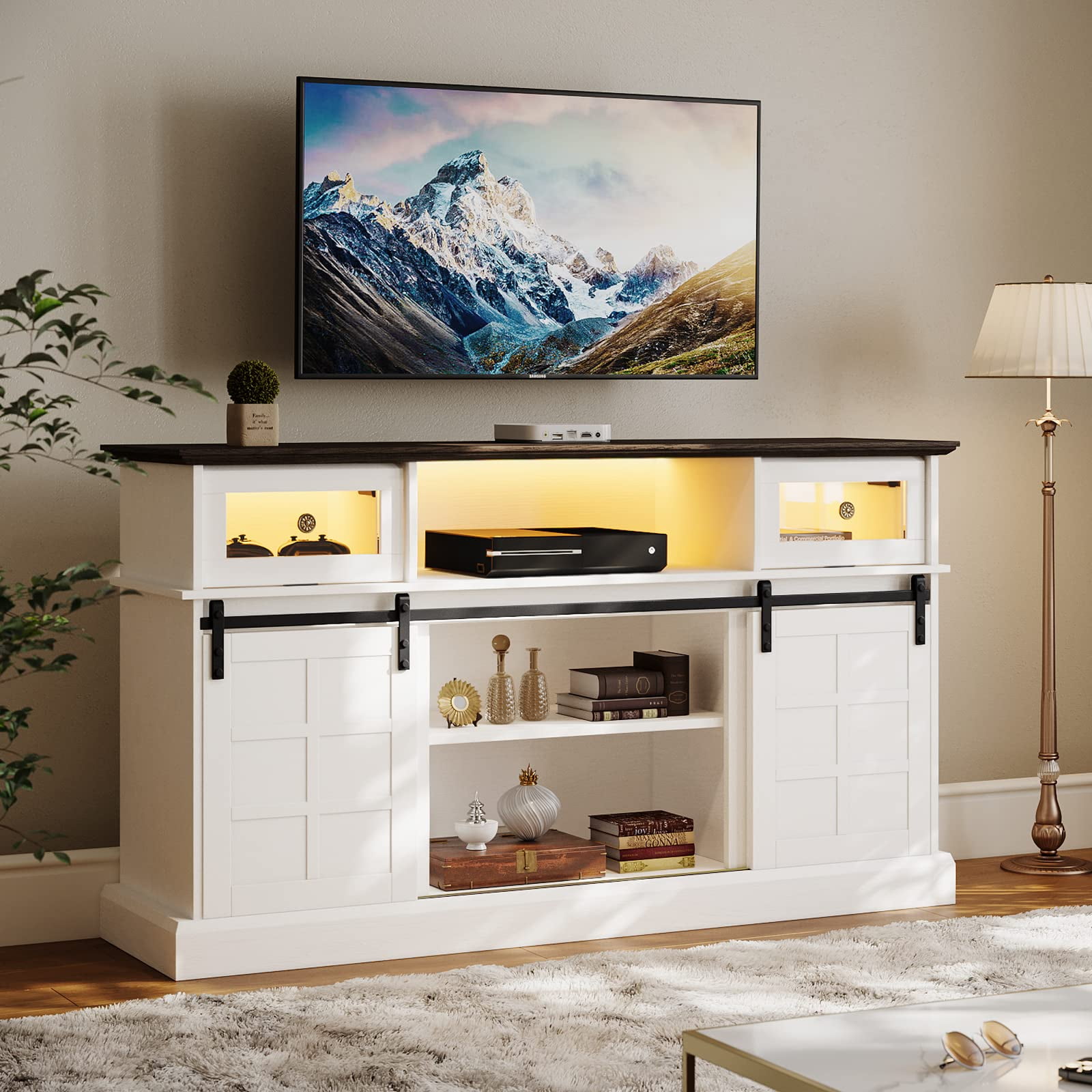 LGHM White TV Stand, LED Light Entertainment Center for TVs up to 65" with Storage for