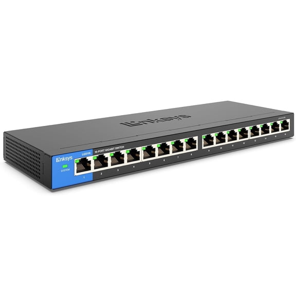 LGS116 16 Port Gigabit Unmanaged Network Switch - Home / Office Ethernet Switch Hub with Metal Housing - Wall Mount or Desktop Ethernet Splitter, Easy Plug & Play Connection
