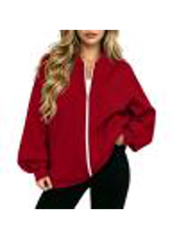 Full Zip Up Sweatshirt Women No Hood Oversized Loose Casual Long Sleeve V Neck Jacket Fall Winter Sweatshirt Red S