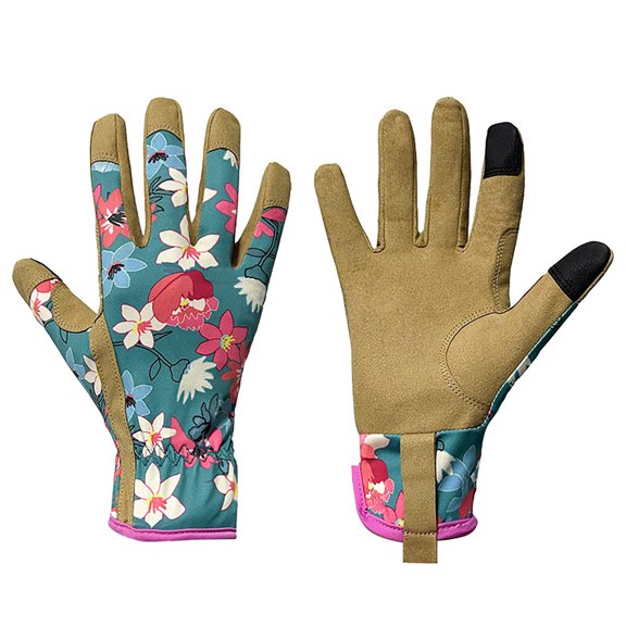 LH-SP Floral Garden Touchscreen Gloves, Synthetic Leather Palm, Jungle Print Design