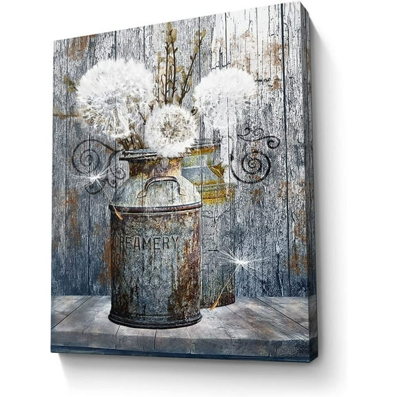 LH137HB-Bathroom Decor Wall Art Rustic Dandelion Picture Wall Decor Farmhouse Dandelion in Vintage Creamery Milk Cans Painting Modern Artwork for Bedroom Bathroom Decor