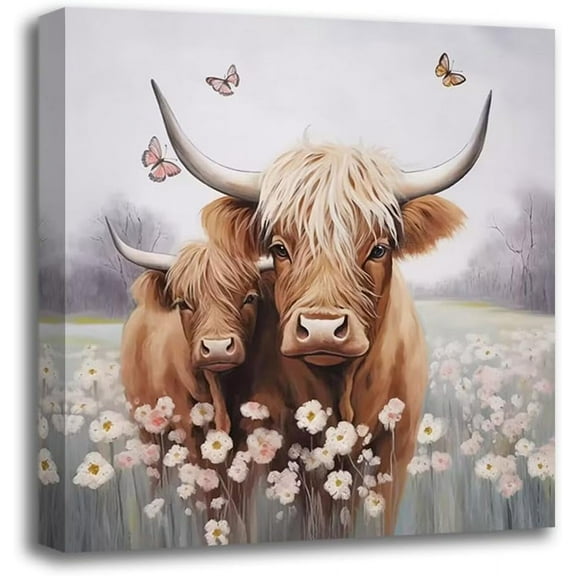 LH137HB-Bathroom Highland Cow Canvas Wall Art Rustic Farmhouse Picture Animal Landscape Painting Abstract Textured Artwork for Bedroom Living Room Nursery Kitchen Office Home Decor