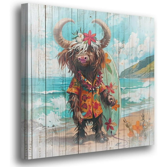 LH137HB-Bathroom Highland Cow Wall Picture Funny Animal Canvas Wall Art Abstract Canvas Prints, Coastal Ocean Beach Painting Artwork for Living Room Bedroom Kitchen Office Home Decor