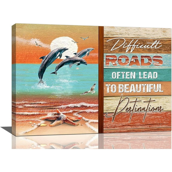 LH137HB-Beach Dolphins Decor Wall Art Coastal Dolphin Sunrise Pictures Wall Decor Inspirational Quotes Starfish Canvas Prints Nautical Ocean Decor Artwork Painting For Bathroom Bedroom