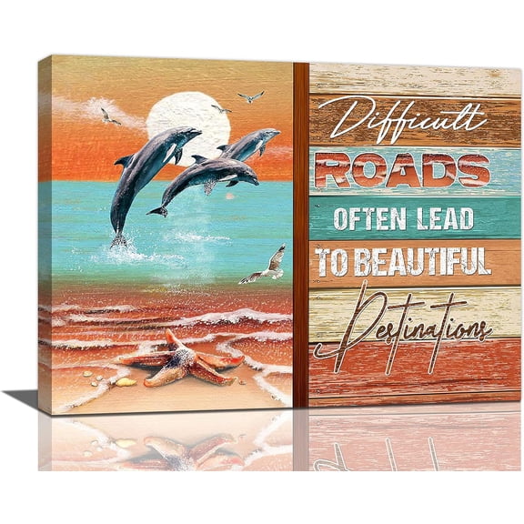 LH137HB-Beach Dolphins Decor Wall Art Coastal Dolphin Sunrise Pictures Wall Decor Inspirational Quotes Starfish Canvas Prints Nautical Ocean Decor Artwork Painting For Bathroom Bedroom