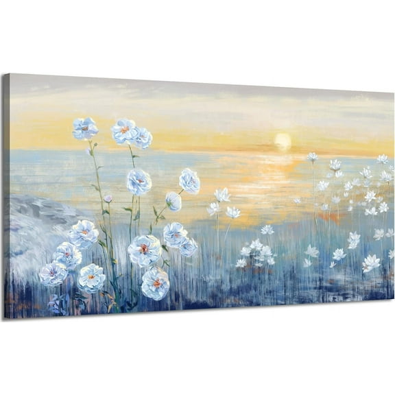 LH137HB-Blue Ocean Sunset Canvas Wall Art for Living Room Abstract Seascape Painting Coastal Beach Wildflowers Picture Natural Sea Landscape Print Sunrise With Yellow Orange Sky Seaside Artwork c