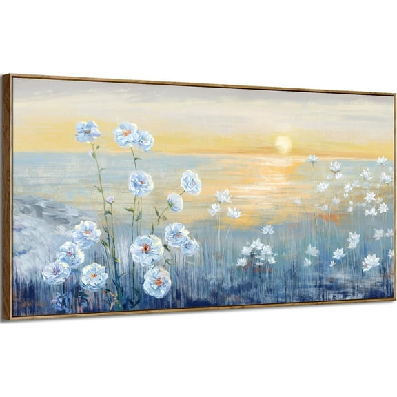 LH137HB-Blue Ocean Sunset Wall Art Abstract Coastal Wild Flowers Beach Picture Sunrise With Yellow Orange Sky Natural Seascape Canvas Print White Wildflowers Sea Landscape Seaside Artwork