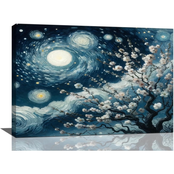 LH137HB-Cherry Blossom Wall Art Starry Night Floral Tree Pictures Wall Decor Nature Landscape Canvas Painting Teal Home Modern Artwork Decorations for Bathroom Living Room Bedroom Office