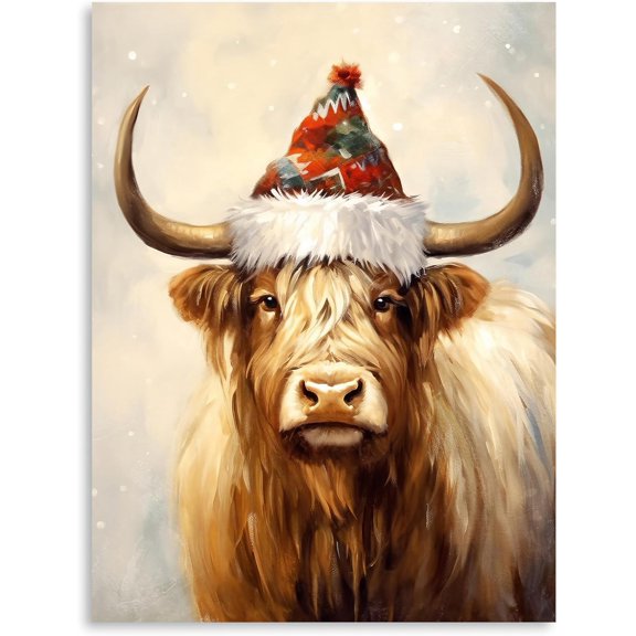 LH137HB-Christmas Highland Cow Wall Art, Small , Farm Animal Christmas Canvas Print, Hairy Highland Cow Christmas Painting, Holiday Cow Picture Wall Decor for Bathroom Nursery Home Decorations