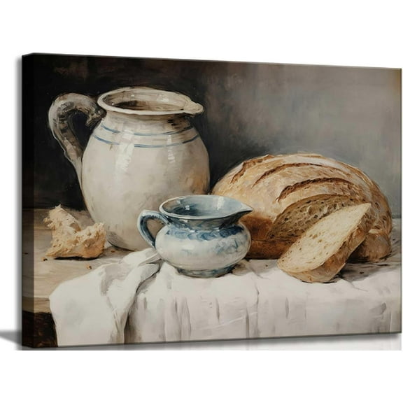 LH137HB-Country Kitchen Canvas Wall art Vintage Rustic Farmhouse Sourdough Bread Still Life Painting Picture Wall Decor Poster Print Artwork for Farm Living Room Dining room Home Decoration