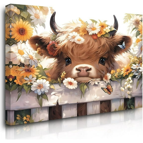 LH137HB-Cute Highland Cow Baby Canvas Wall Art Rustic Farmhouse Cow Pictures Wall Decor Baby Calf Poster Highland Cow Pictures Nursery Wall Decor Kids Room Decor Children Playroom Decor