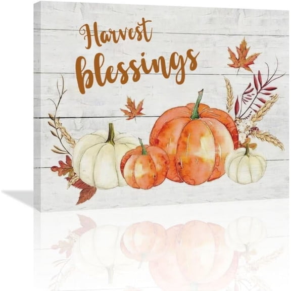 LH137HB-Farm Pumpkins Kitchen Wall Art Farmhouse Autumn Leaves Pictures Wall Decor Rustic Fall Harvest Blessings Painting Thanksgiving Gifts Canvas Artwork for Dining Room Living Room Bedroom